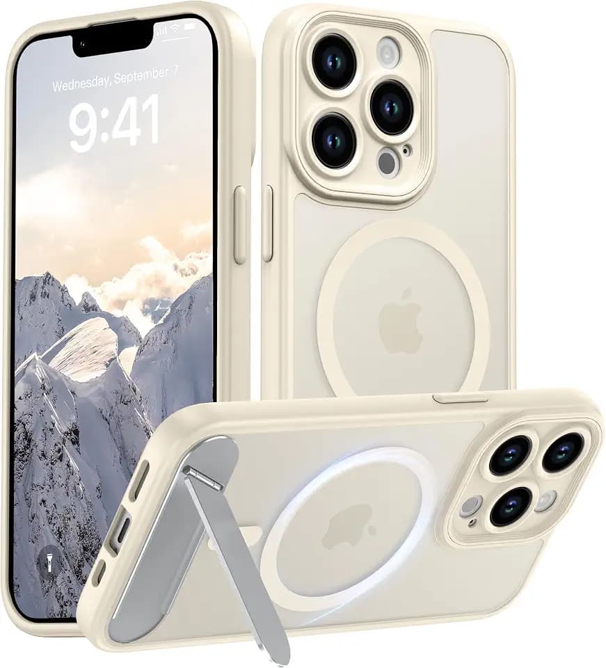 Magnetic Compatible with iPhone 13 Pro Case, [Built-in Kickstand][Full Camera Protection][Compatible with MagSafe][Anti-Fingerprint] Shockproof Phone Case for iPhone 13 Pro 6.1",Beige