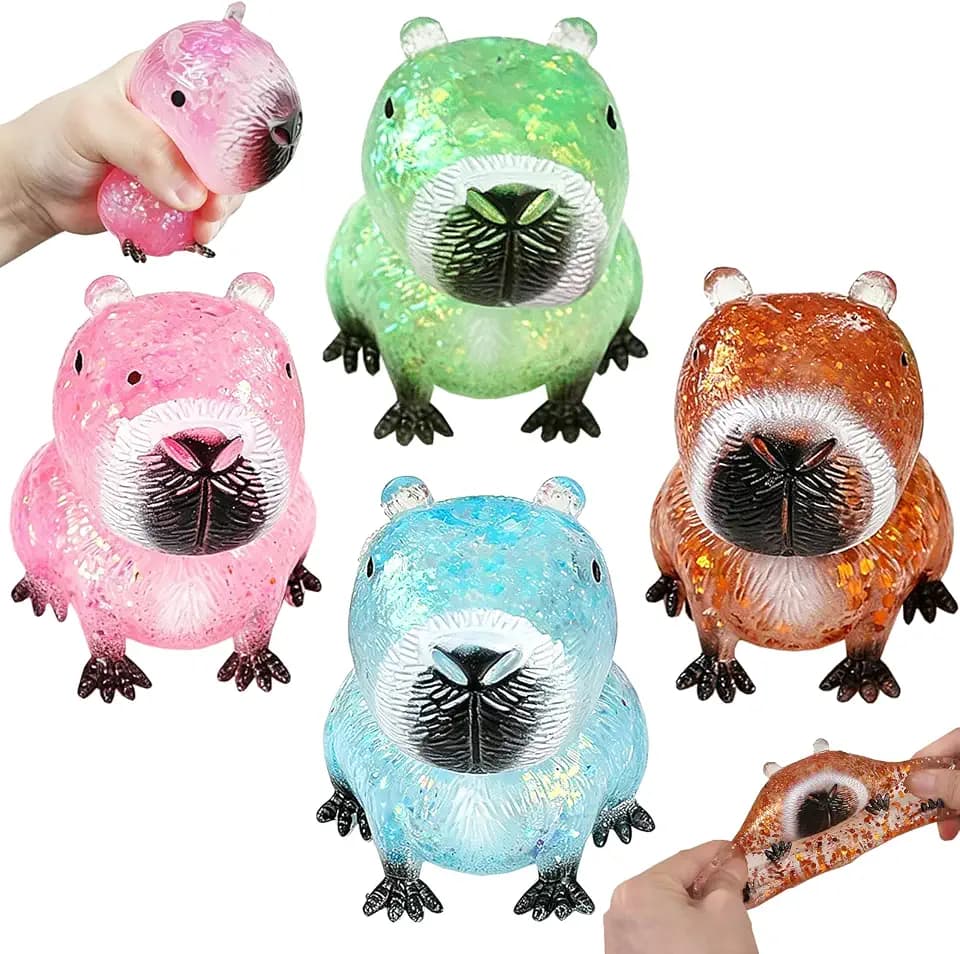 4 Stück Glitter Capybara für Erwachsene Farbe Zufällig, Stressball zur Entspannung, Stress Squeeze Ball für Büro Schule Reisen