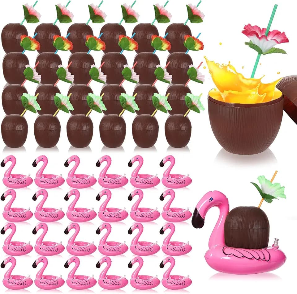 Hushee 24 Pack Fruit Cups with 24 Flower Straws and 24 Inflatable Floating Flamingo Drink Holders Plastic Fruit Cup Flamingo Coaster for Hawaiian Summer Beach Birthday Party Favor Supply (Coconut)