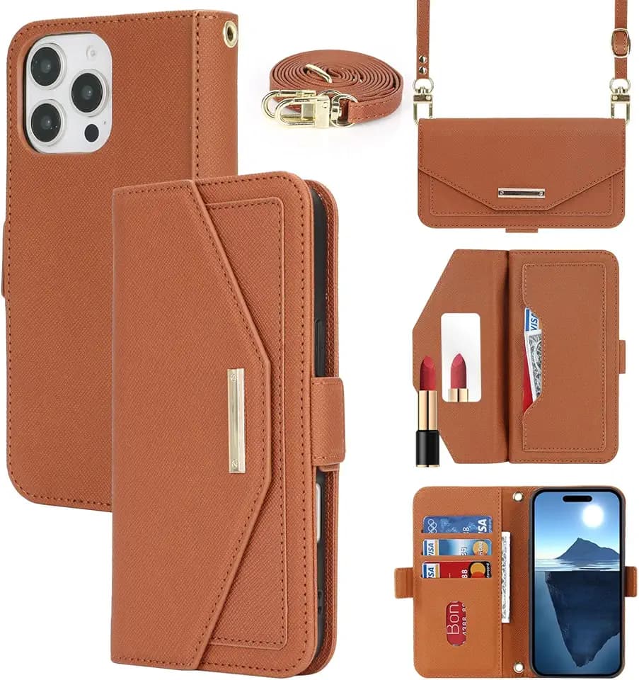 Crossbody Wallet for iPhone 16 Pro Max Case with Strap,6.9",Brown