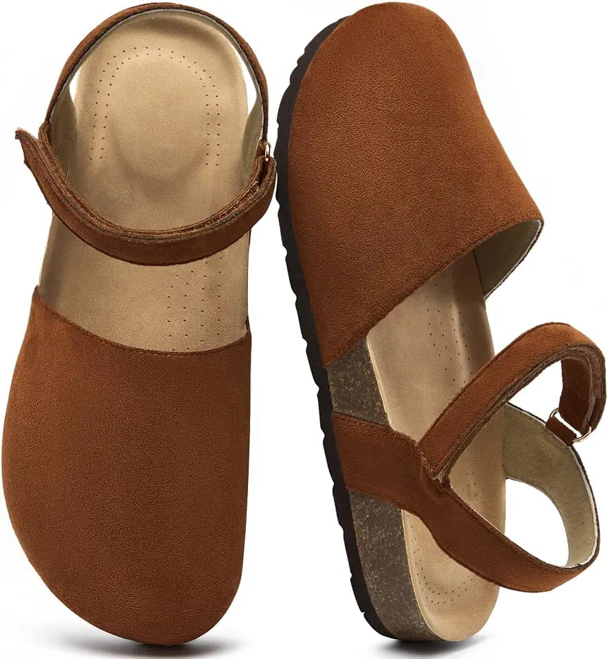 Ecetana Closed Toe Sandals for Women Comfort Cork Footbed Flat Sandals