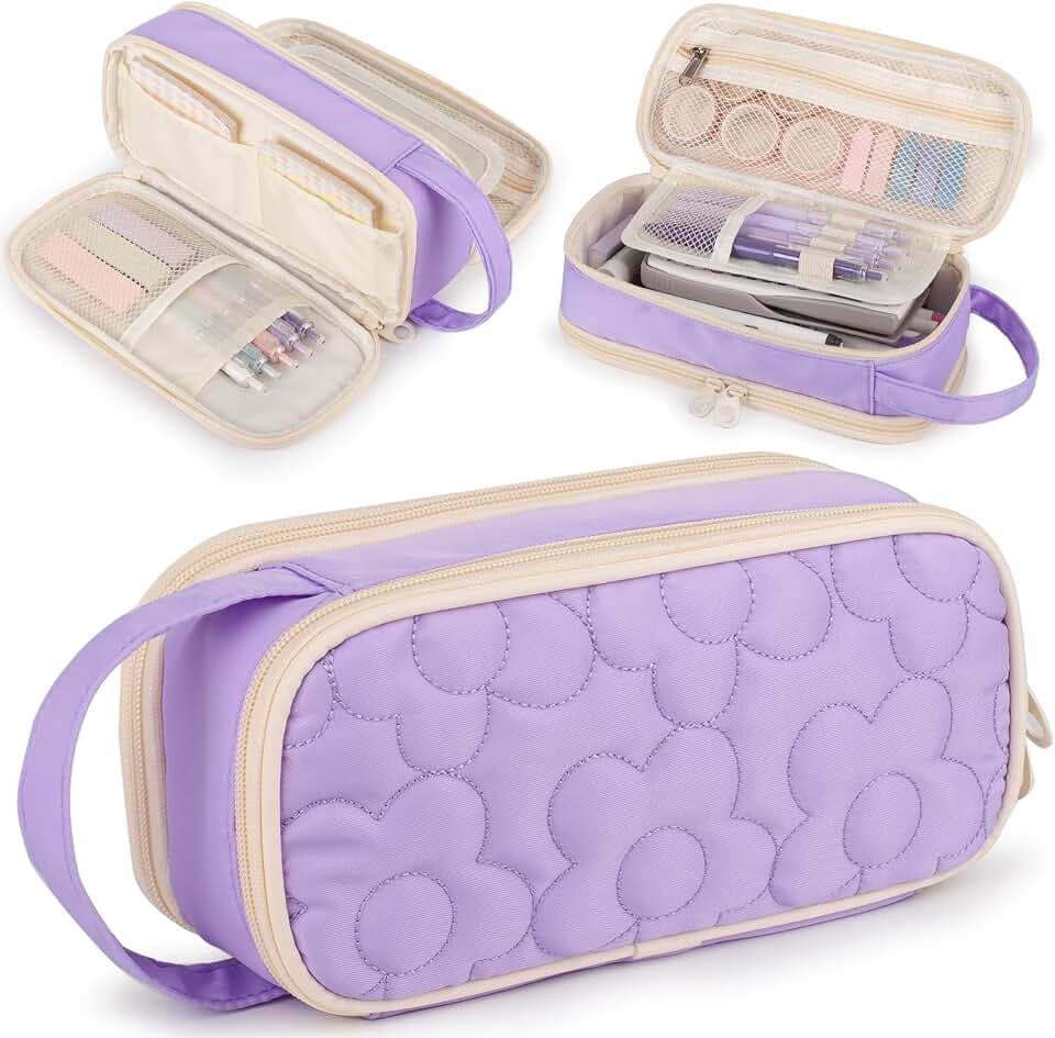 Quilted Pencil Case Bag Large,2 Compartment Pen Pouch with Handle for Girls