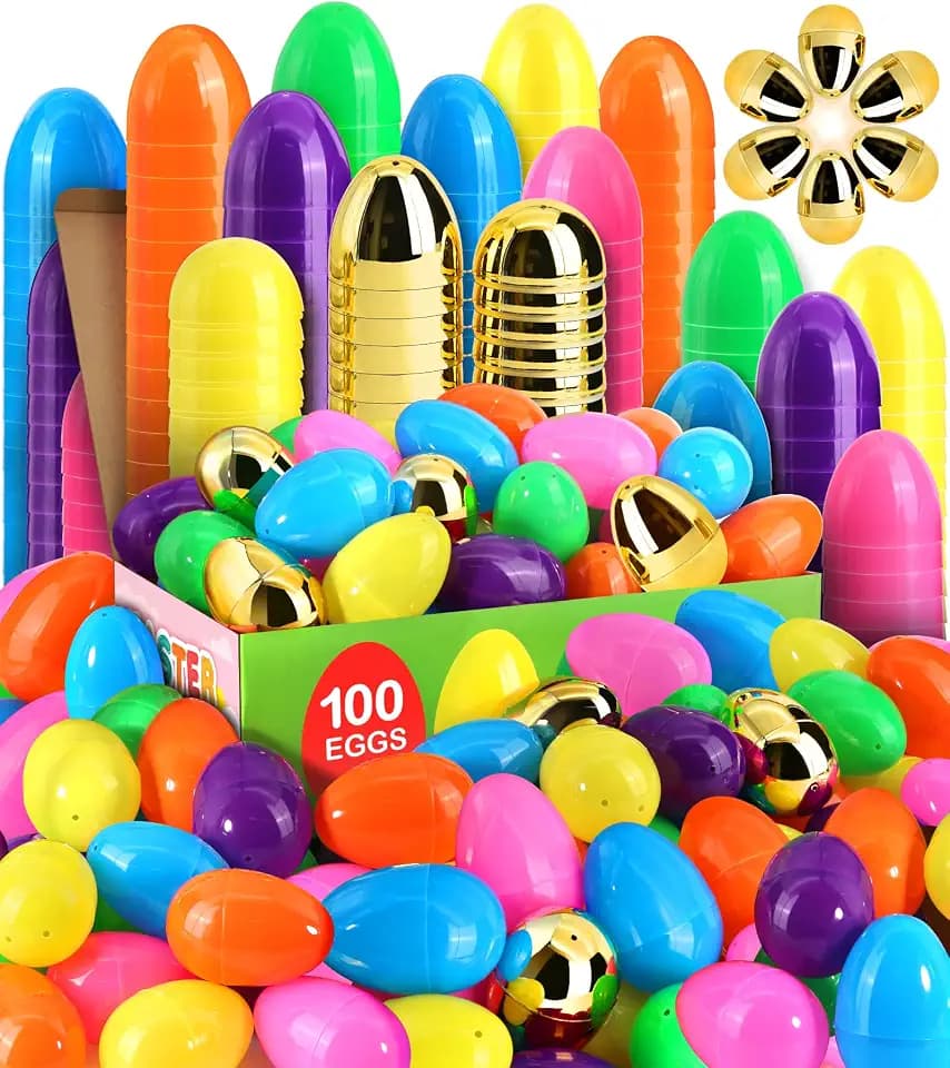 LEASEN [ 6 Surprise Golden Eggs ] 100 Pack 3 Inch Large Plastic Easter Eggs, Bright Colors Eggs Bulks Empty Easter Eggs Fillable for Easter Hunt, Easter Party Favor, Basket Stuffers Fillers