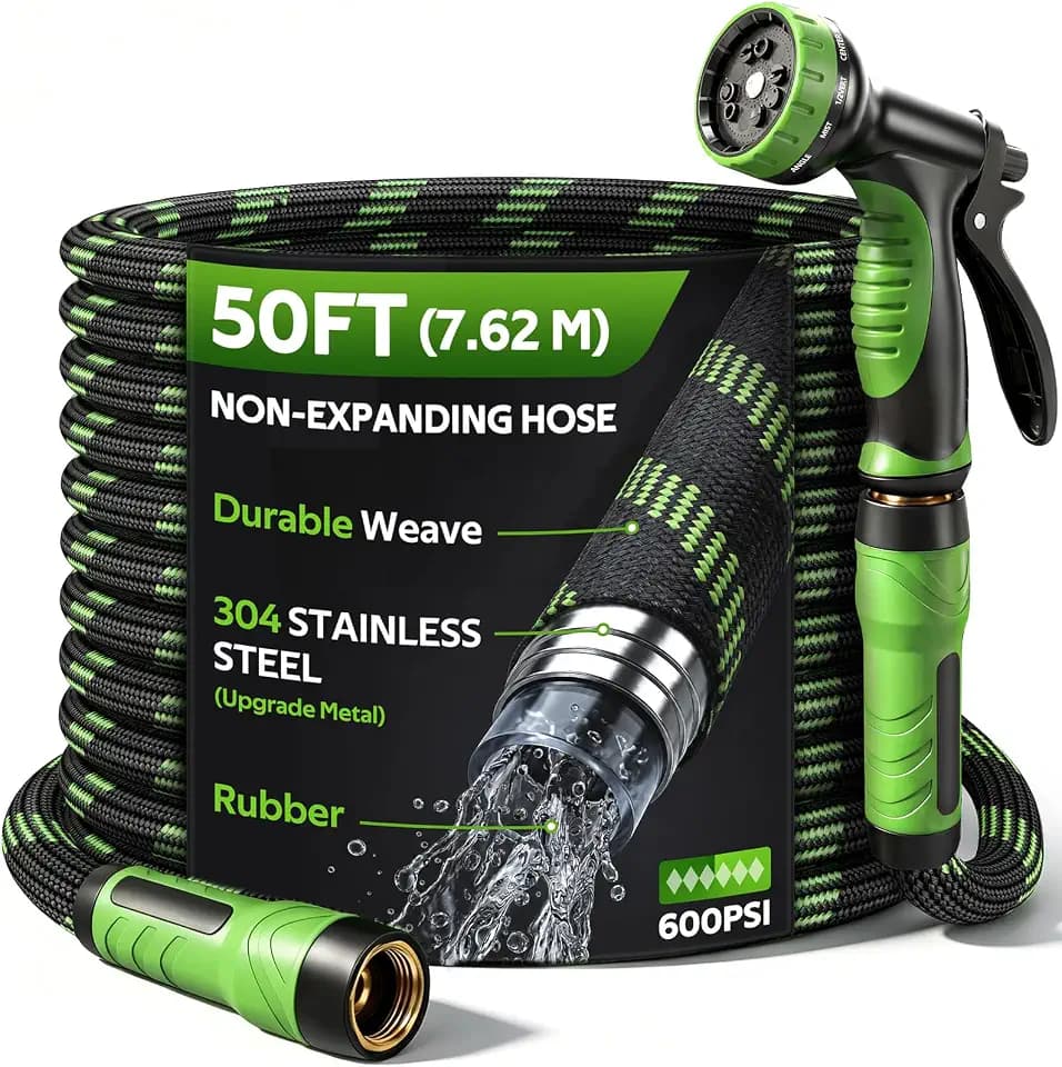 NON-EXPANDABLE Garden Hose 50 FT Water Hose with 10-Function Spray Nozzle