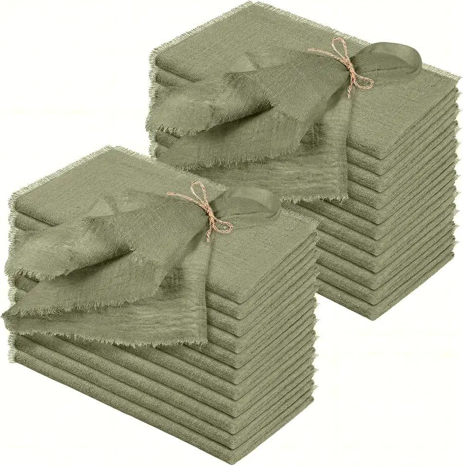 Preboun 24 Pcs Linen Napkins Bulk Cotton 17x17 Fringe, Olive Green