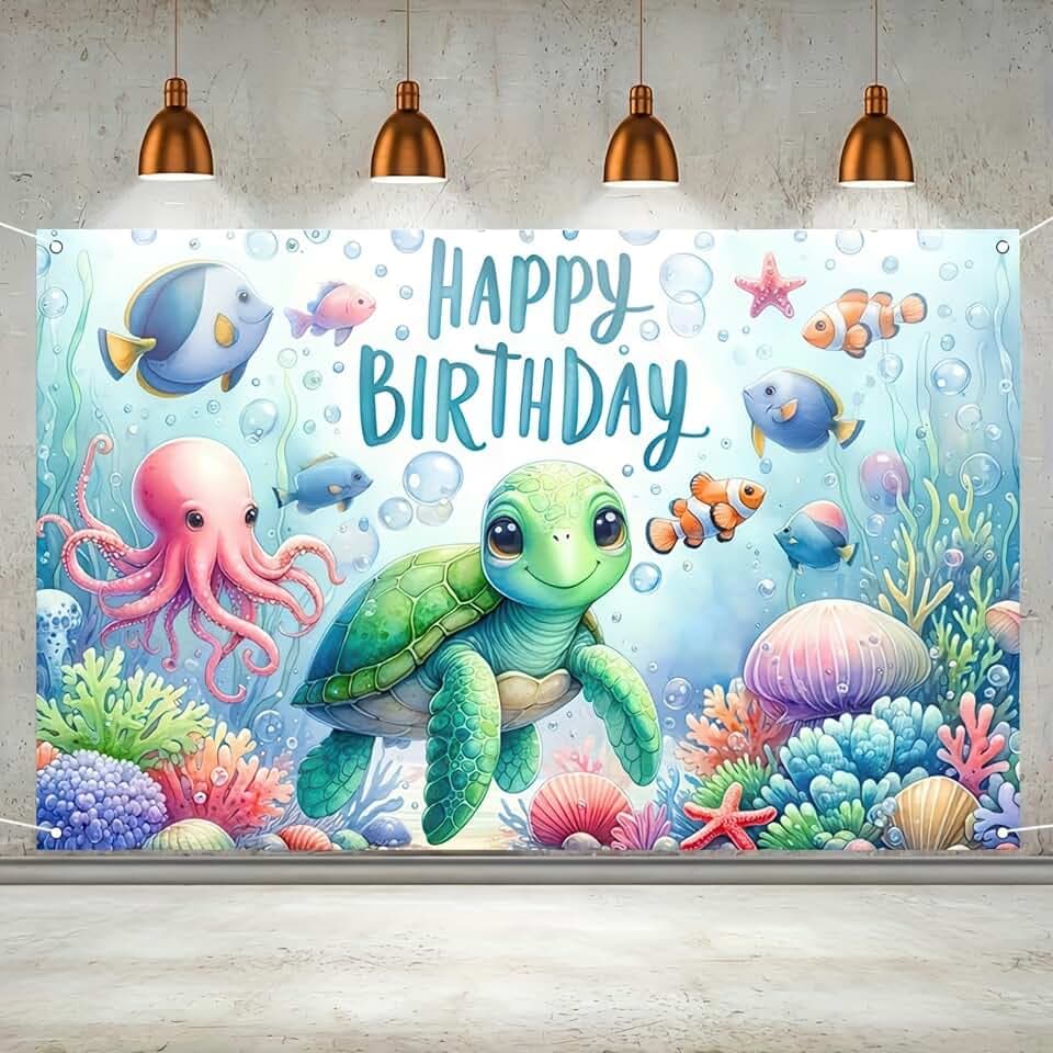 HOMETITUTE Under the Sea Birthday Banner 71x43 Inch Turtle Party Decor