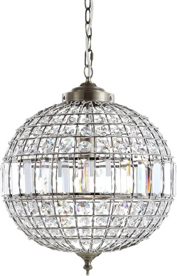 JONATHAN Y Georgina 1-Light Crystal Globe Pendant, 16", Antique Brass