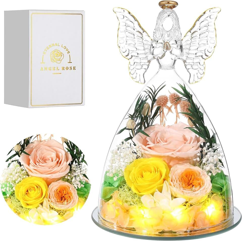 Mothers Day Rose Gifts for Women Preserved Real Flower in Glass Angel Figurines Roses for Delivery Prime Birthday Gifts for Mom Grandma Girlfriend Wife Her, Champagne Austin Roses