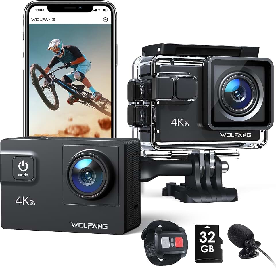 WOLFANG Action Cam,WiFi 4K 60 FPS Neue GA300 Actionkamera,8xZoom 24MP,Unterwasserkamera 40 Meter mi,Dual-Mikrofonen,170° Weitwinkel Verbesserter,EIS 2.4 G Fernbedienung,2 x 1350 mAh Akkus,Touchscreen