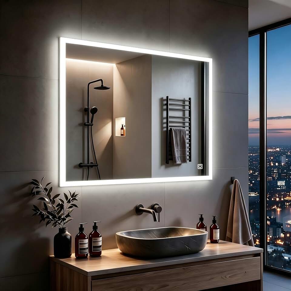 MIQU LED Badspiegel mit Beleuchtung 60x50 cm Badezimmerspiegel, Bad Groß Spiegel mit Touch/Wandtaster Weiß 6500K Licht Wandspiegel für Badezimmer, WC, Flur Ecken Rechteck B