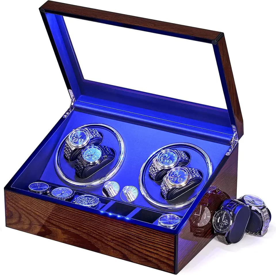 BEWISHOME 4 Watch Winders for Automatic Watches, Quiet Motor, LED, 4 Modes
