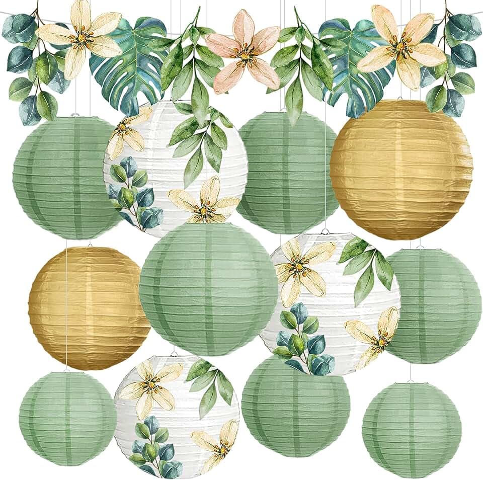 Papier Lampions Party deko, 13 Stück Retro Olive Salbei Grün und Blumenlaterne Girlande,für Home Decoration,Taufe, Kommunion, Konfirmation, Jugendweihe deko
