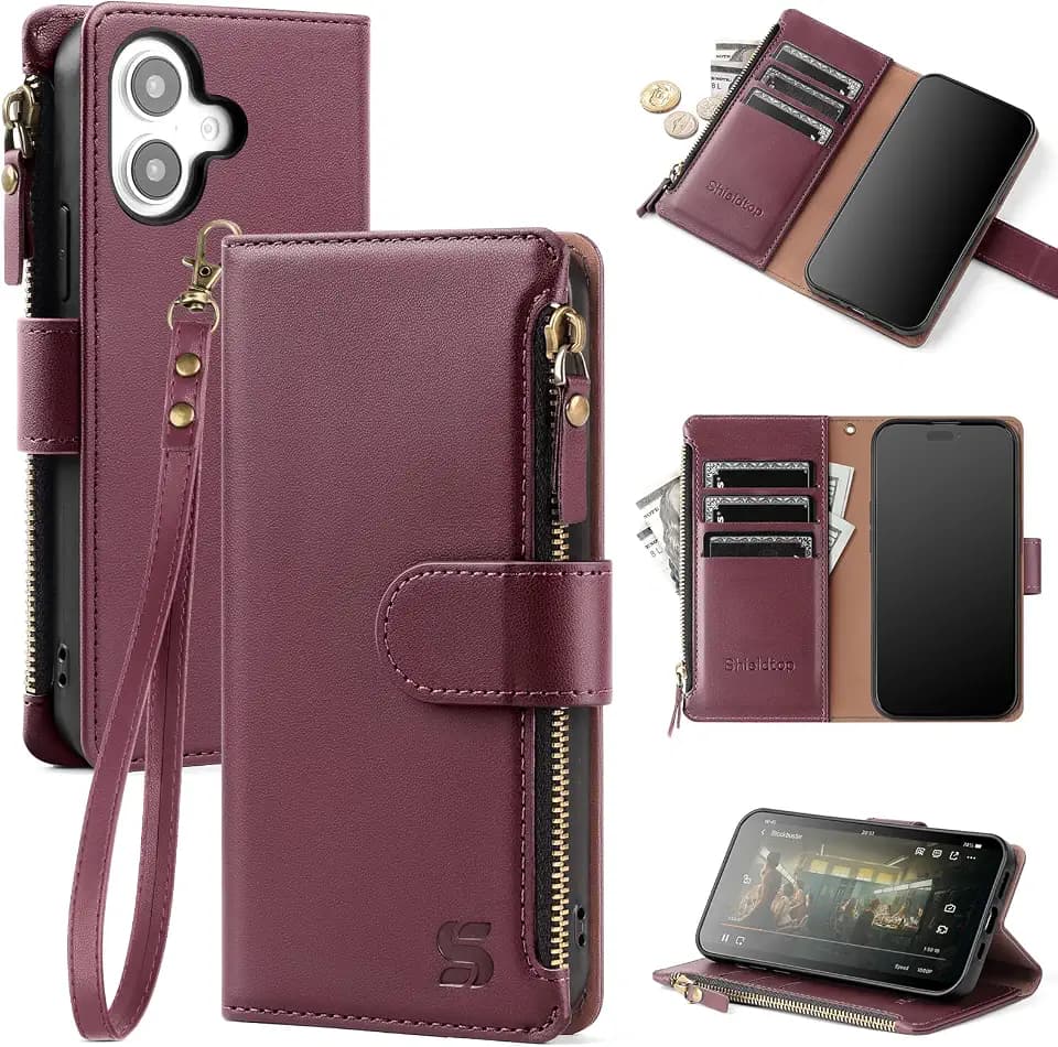 Shieldtop for iPhone 16 Wallet Case with Card Holder,Wine Red