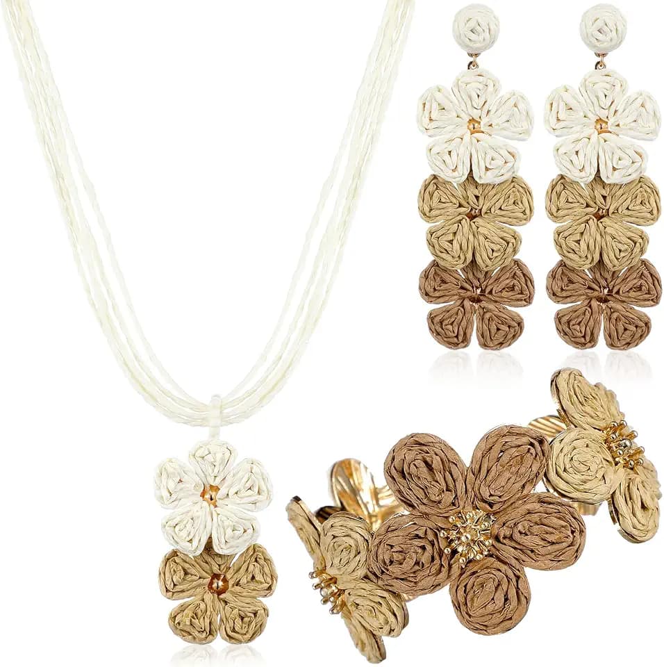 Tondiamo 3 Pcs Raffia Jewelry Set for Women Boho Daisy Flower Necklace Gift