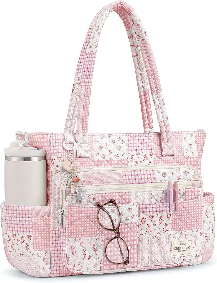 WOBAGMEN Teacher Tote Bag for Women, Quilted Floral Laptop Work Tote