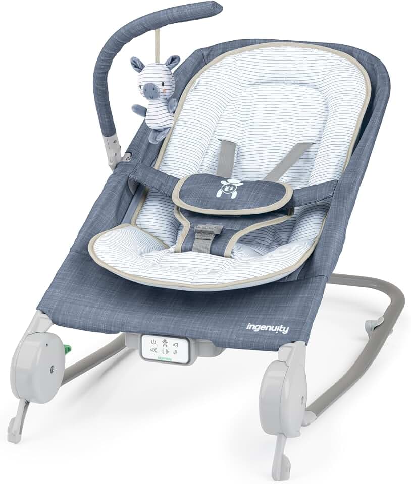 Ingenuity Happy Belly Babywippe & Babyschaukel mit Massage, Vibration, Musik & Faultier, lindert Bauchweh, 0–6 Monate – Blau (Chambray)