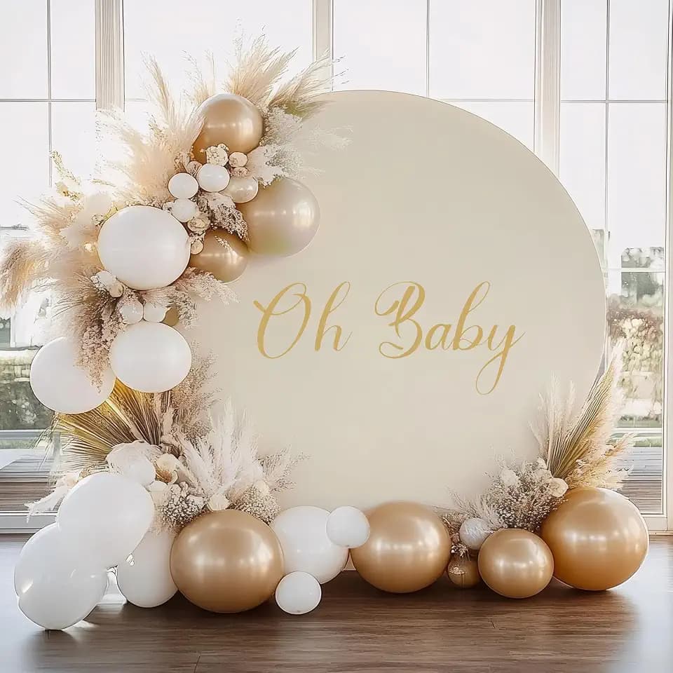 Ivory Round Backdrop Cover for 5 to 7.2ft Circle Arch Stand with Oh Baby Decal Sign - Adjustable Polyester 7.2FT Arch Backdrop Cover for Wedding Arch Birthday Party Photography Decoration