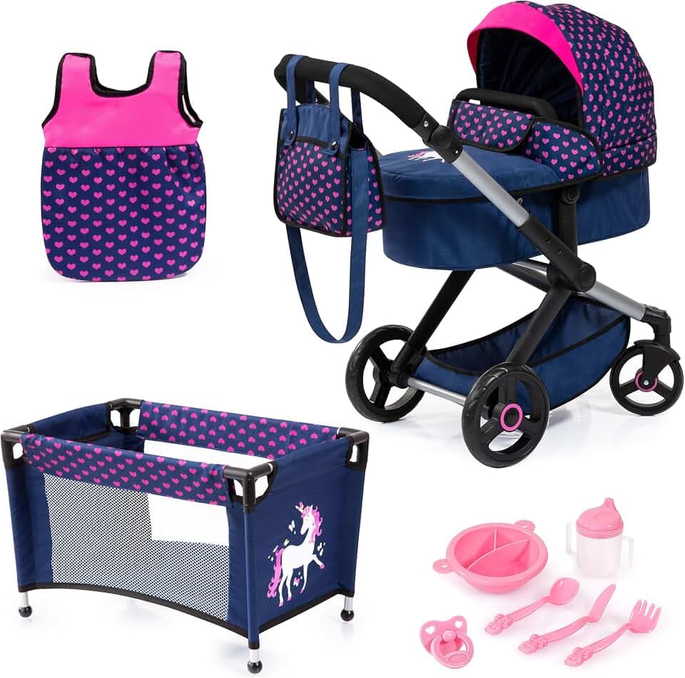 Bayer Design 17054AB Puppenwagen Xeo, Verstellbarer Griff, Schwenkschieber, wandelbar als Jogger, Schlafsack, Puppenbett, Zubehör, Blau, Einhorn