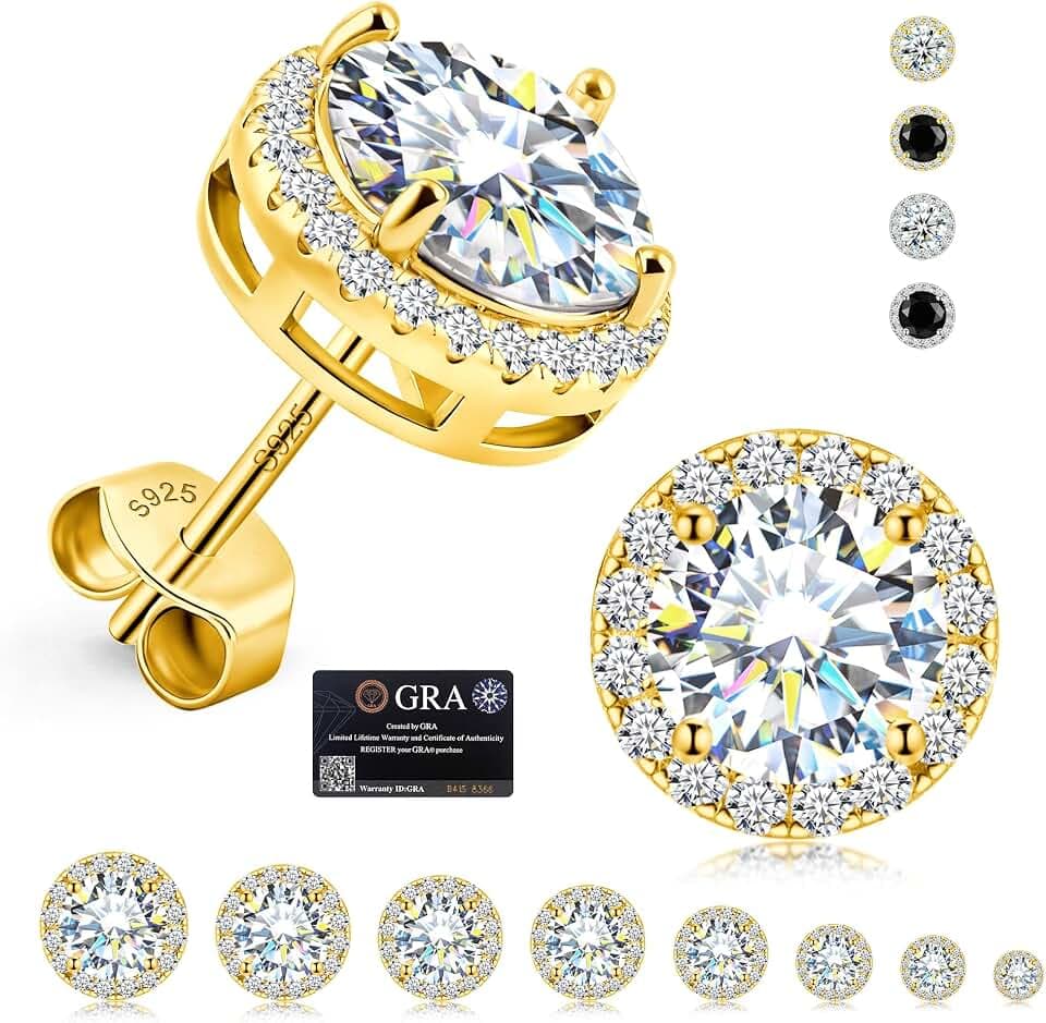 Moissanite Stud Earrings for Men, Solid 925 Sterling Silver Hypoallergenic