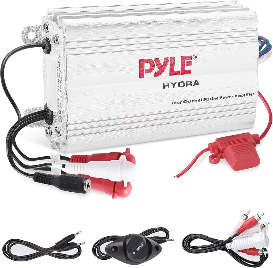 Pyle 400W 4-Channel Hydra Marine Micro Amplifier - Waterproof - RCA Input - 3.5mm Jack - MP3 - Soft Turn On/Off - Volume Gain Level Remote Control - Power Protection - PLMRMP3A