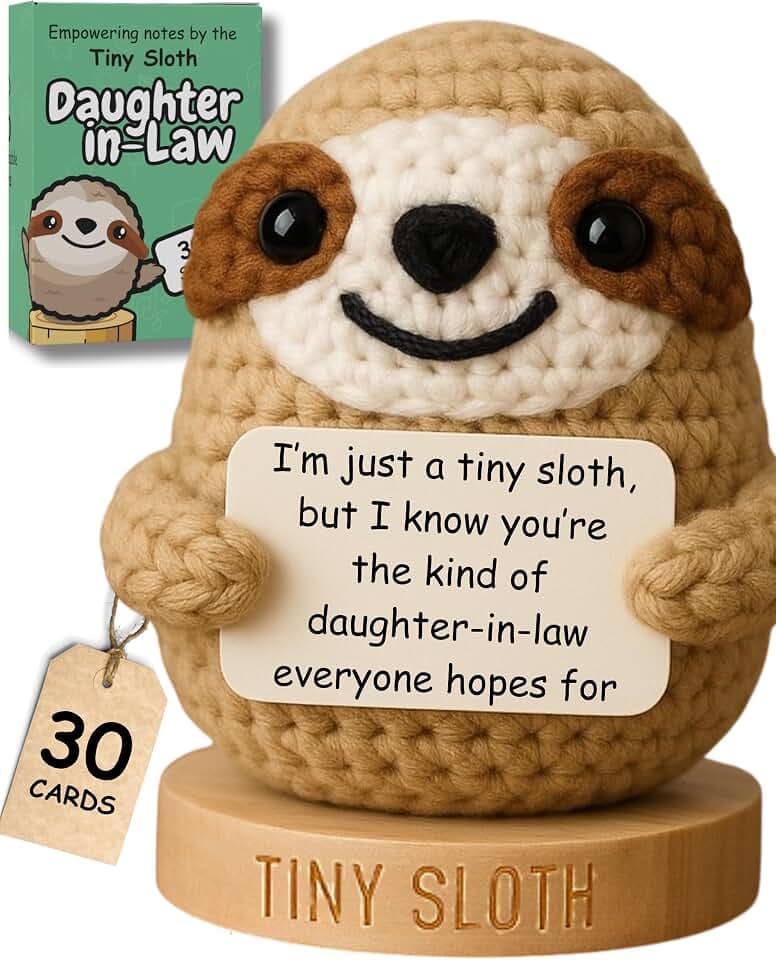 Daughter in Law Gifts - Tiny Sloth with 30 Uplifting Signs - Cute Funny Present Ideas from Bonus Dad, Mother Inlaw - Bonus Daughter-In-law Present for Birthday, Mothers Day | Positive Crochet Animal
