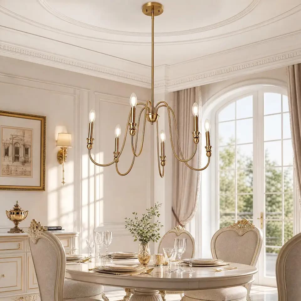 Gold Chandelier, 6-Light Modern Farmhouse Chandelier with U-Shaped Arms