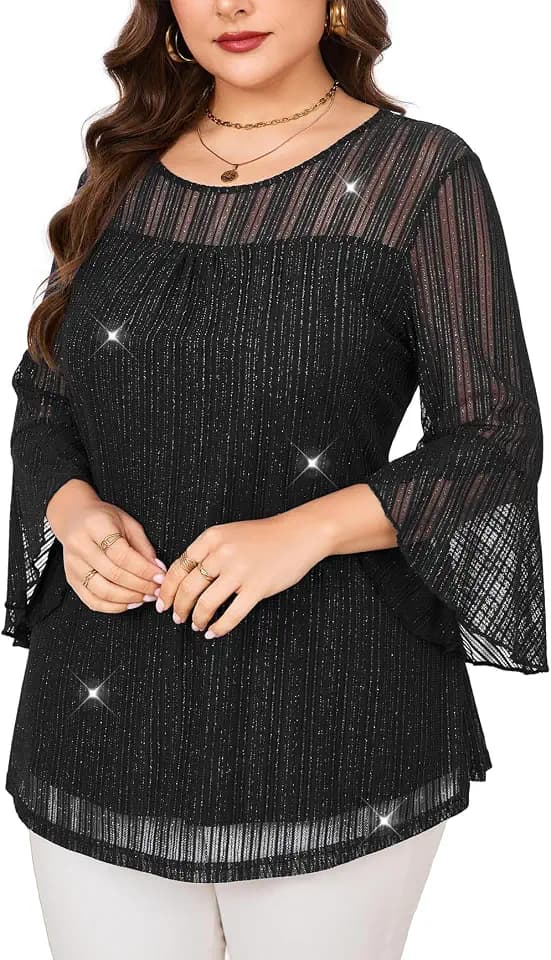 ZOMVA Women's Plus Size Ruffle 3/4 Sleeve Blouses Casual Elegant Dressy Crew Neck Double Layers Sparkly Mesh Tunic Tops