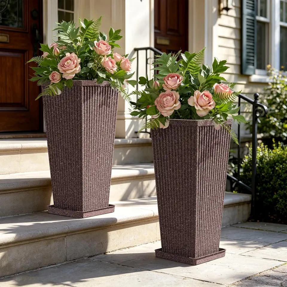 24" Tapered Tall Planters for Outdoor Plants with Tray&Shelf, Brown