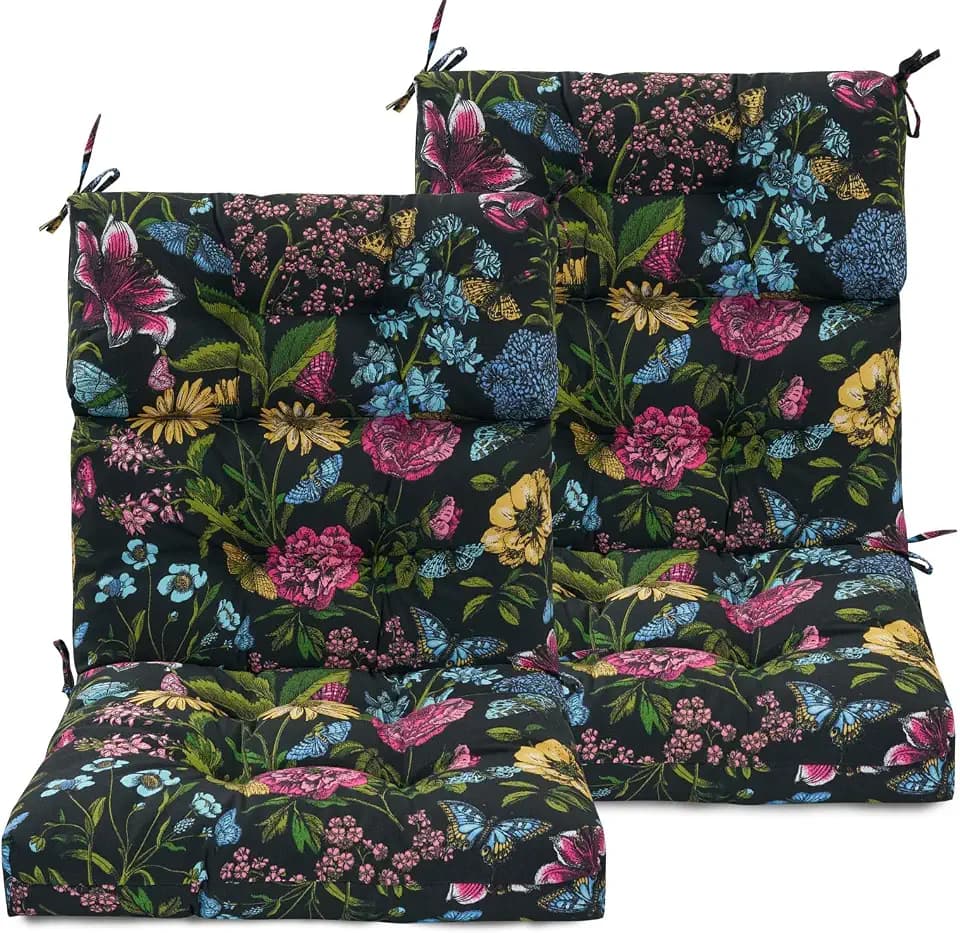 FUNHOME High Back Chair Cushions Set of 2,44"x22"x4" Adirondack Chair Cushion,Reversible Cushion for 22 x 20 Inch Seat,Rocking Chair Outdoor Patio(Butterfly Black)