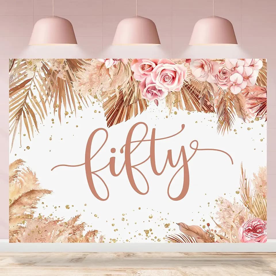 50th Birthday Backdrop Boho Blush Pink Floral Background for Photography Woman Fifty Years Old Birthday Party Decorations Favors Banner Photo Booth Props 7x5ft