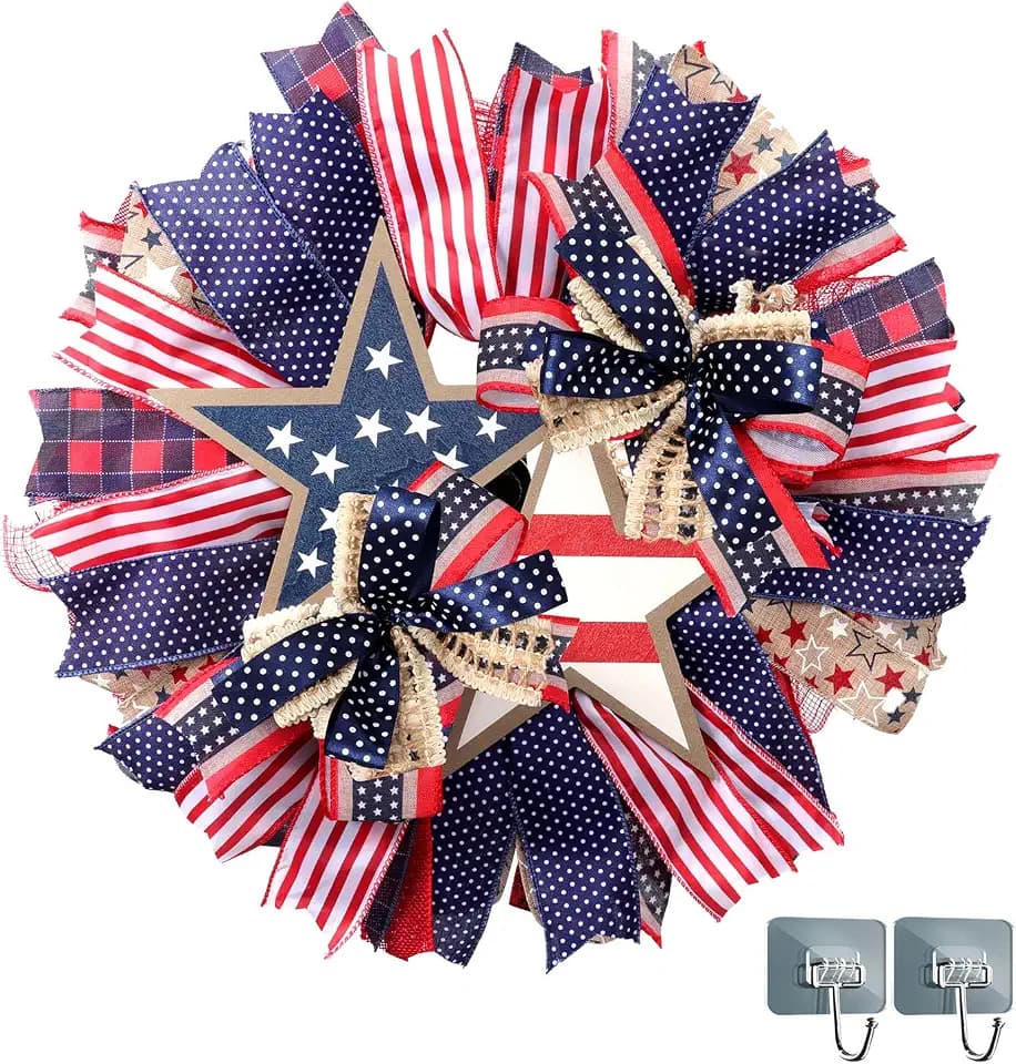 16" Patriotic Wreath for Front Door, Red White Blue Star Decor, 4th of July