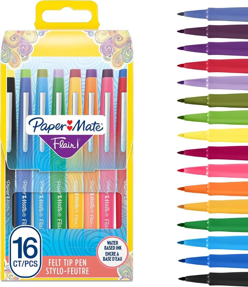 Paper Mate Flair Filzstifte | mittlere Spitze (0,7 mm) | Gemischte Farben | Tasche mit 16 Stiften
