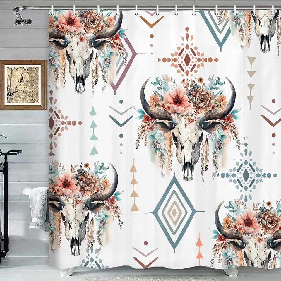 Western Bull Skull Shower Curtain, Retro Cow Longhorn Skull Flower Head Bathroom Curtain, Boho Farmhouse Waterproof Polyester Shower Curtain Set,72x72 Inch