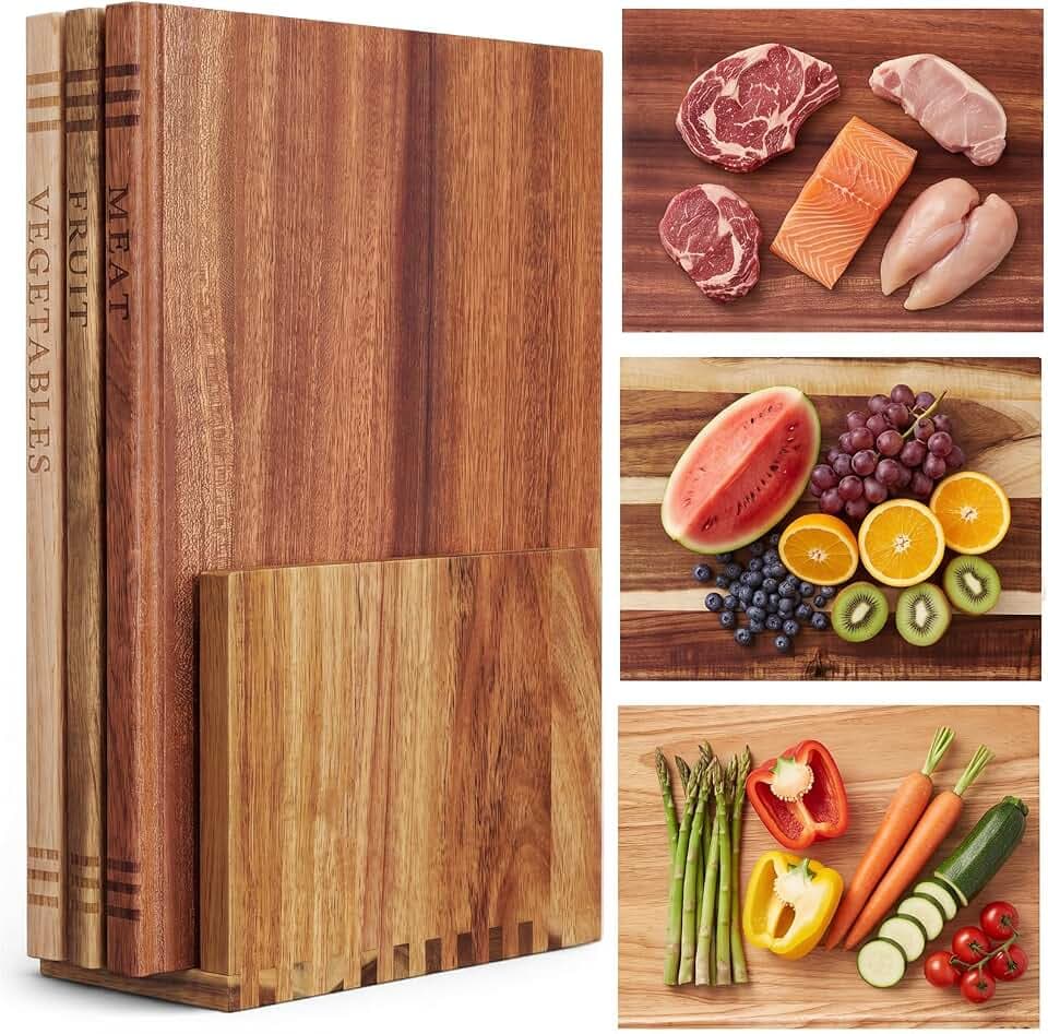 3 Pcs Acacia, Wenge & Rubberwood Chopping Wood Book Cutting Boards Set with Wooden Bookend Holder Book Shaped Solid Wood Cutting Board for Kitchen Fruits Vegetables Meat Fish Cheese Bread
