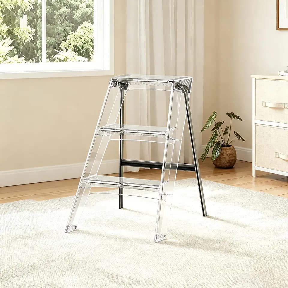 Acrylic 3-Step Folding Step Ladder for Adults, Decorative Transparent Step Stool with Electroplated Silver Iron Frame, 24.8"High Aesthetic Utility Stairs, Modern Foot Stool Multifunction Display Shelf
