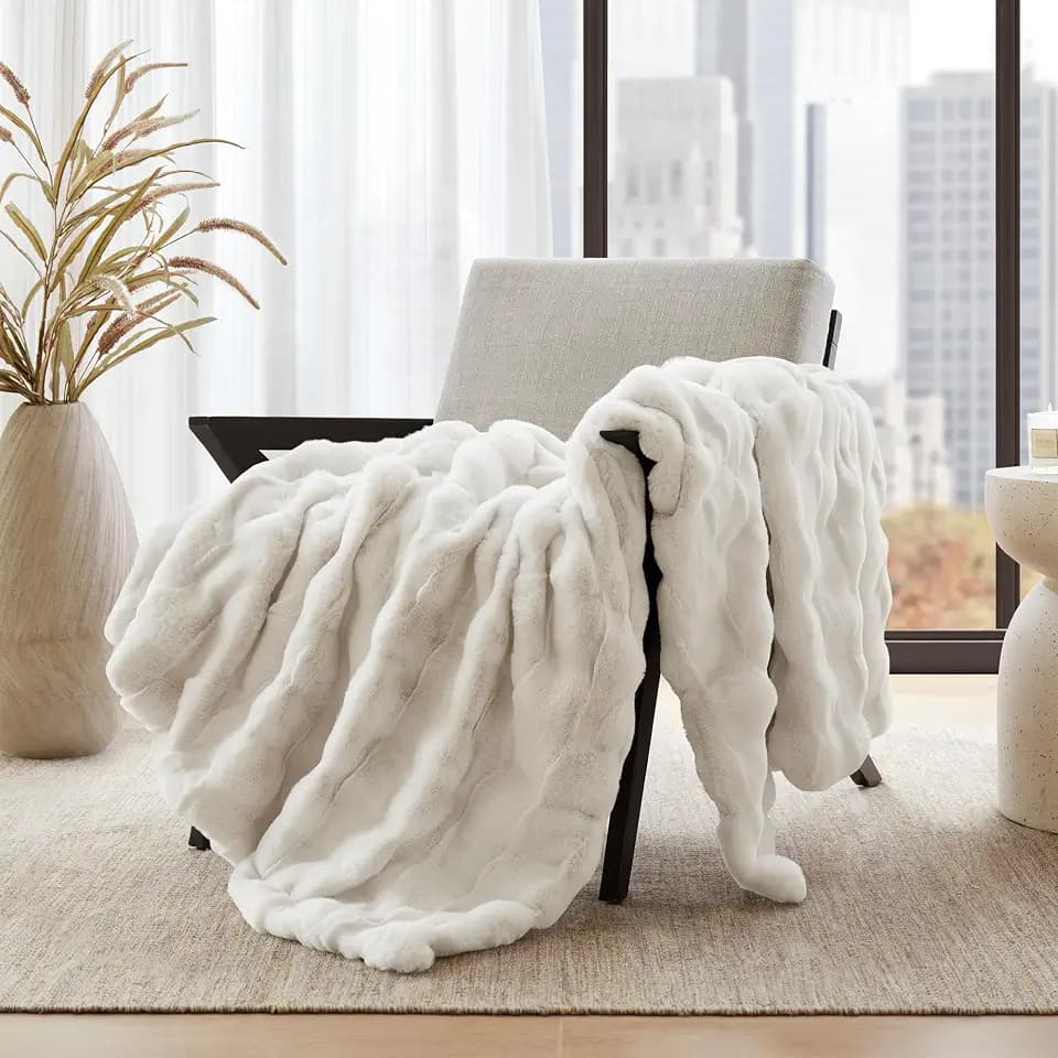 Madison Park Vivienne Faux Fur Throw Blanket Velvet, 50 x 60, Ivory