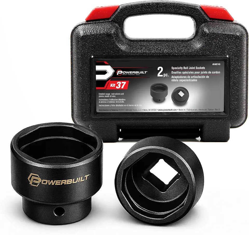 Powerbuilt 2 Piece Specialty Ball Joint Socket Set, Removes and Installs Chrysler Upper Ball Joints, 3/4" Drive 4-Sided Design with Storage Case - 648749