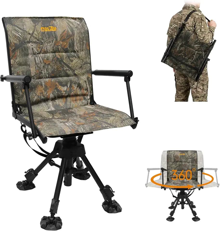 MDSTOP 360° Swivel Hunting Chair, Folding Silent Hunting Seat with Armrests, Ground Blind Chair, Adjustable All-Terrain Foot Pads, for Deer Turkey Camping Fishing (Pine Needle Camo)