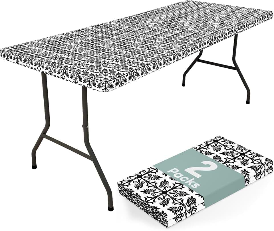 misaya 2 Pack 6 Foot Rectangle Picnic Tablecloth, Elastic Fitted Waterproof Table Cover, Windproof Washable Polyester Table Cloth for Camping, Indoor and Outdoor (Black, 30" x 72")