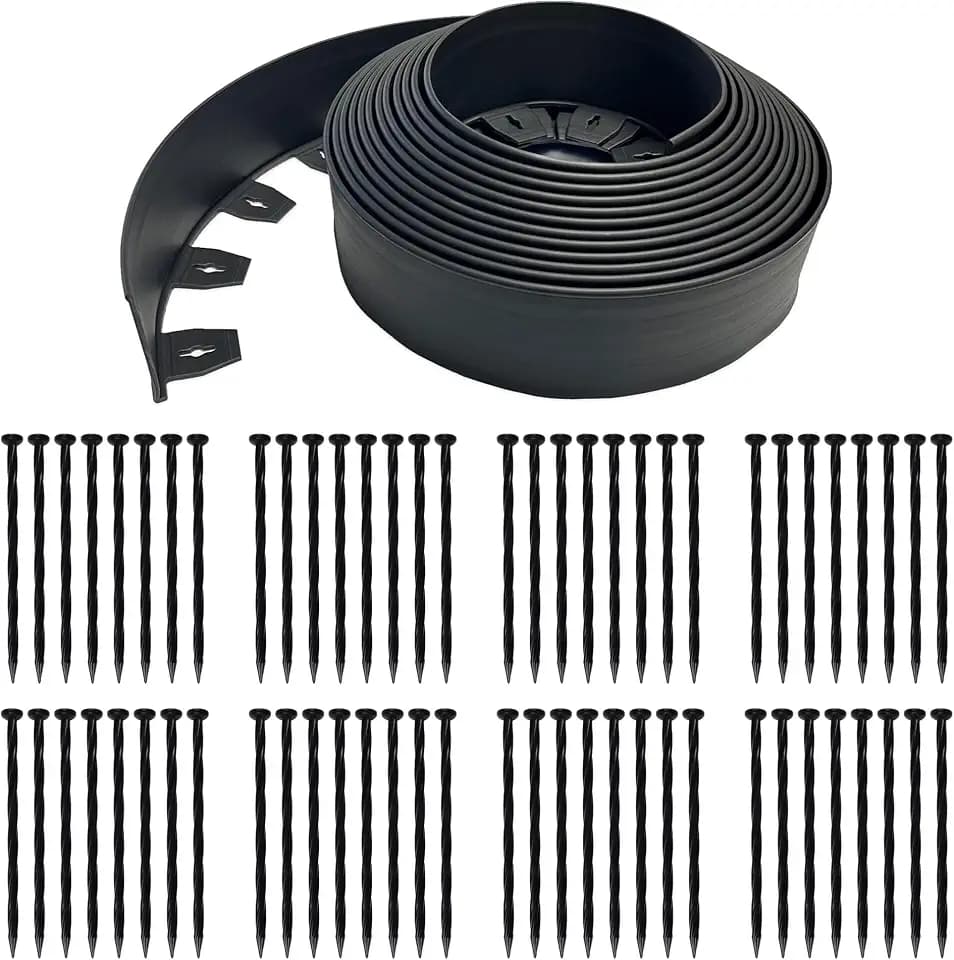 EasyFlex 4 Inch No Dig Landscape Edging Kit, 75 Foot Black Plastic Edging Coil with 64 Spiral Anchoring Spikes for Gardening Edging, Separating Yard Areas, and Flower Bed Borders