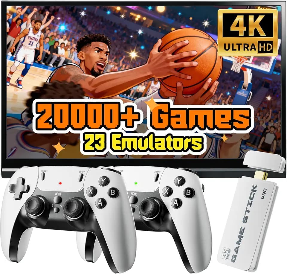 2026 New Retro Gaming Console Stick Pro, Classic Video Games with 4K HDMI, Built-in 23 Emulators, 20000+ Games, Plug & Play TV Video Gaming Stick with Dual 2.4G Wireless Controllers(64GB)