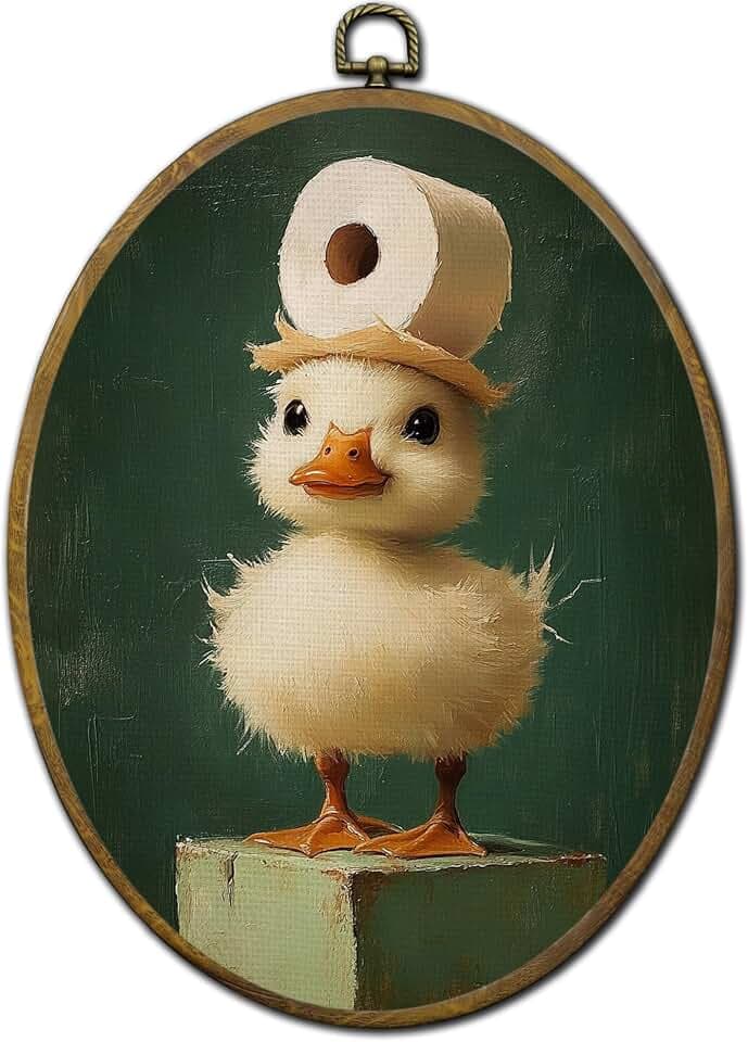 QZQE Funny Baby Duck Bathroom Oval Wall Art Decor Framed, Animal Bathroom Oval Canvas Prints, Rustic Farmhouse Duck with Toilet Paper Wall Hanging Decor for Washroom Restroom Toilet, 8.6x11.4 Inch