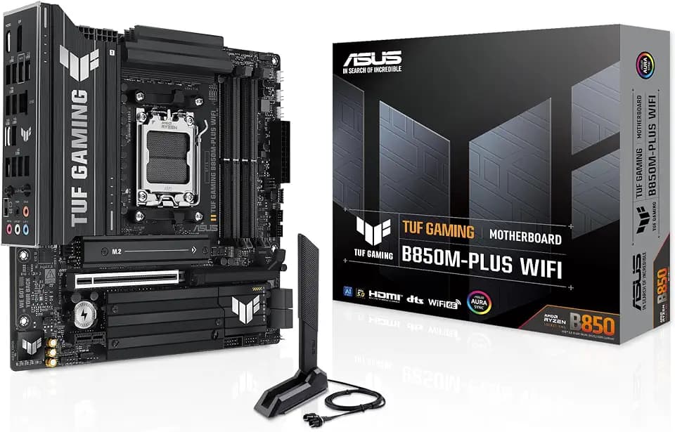 ASUS TUF Gaming B850M-PLUS WiFi AMD AM5 B850 mATX Motherboard, 14+2+1 80A DrMOS Stages, DDR5, PCIe 5.0, 3X M.2, Wi-Fi 6E, 2.5Gb LAN, DP, HDMI™, USB 10Gbps & 20Gbps Type-C®, BIOS Flashback™, Aura Sync