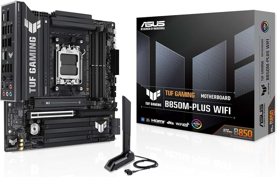 ASUS TUF Gaming B850M-PLUS WiFi AMD AM5 B850 mATX Mainboard | 14+2+1 80A DrMOS, DDR5, PCIe 5.0, 3x M.2, Wi-Fi 6E, 2.5Gb LAN, DP, HDMI, USB 10Gbps & 20Gbps C, BIOS Flashback, Aura Sync