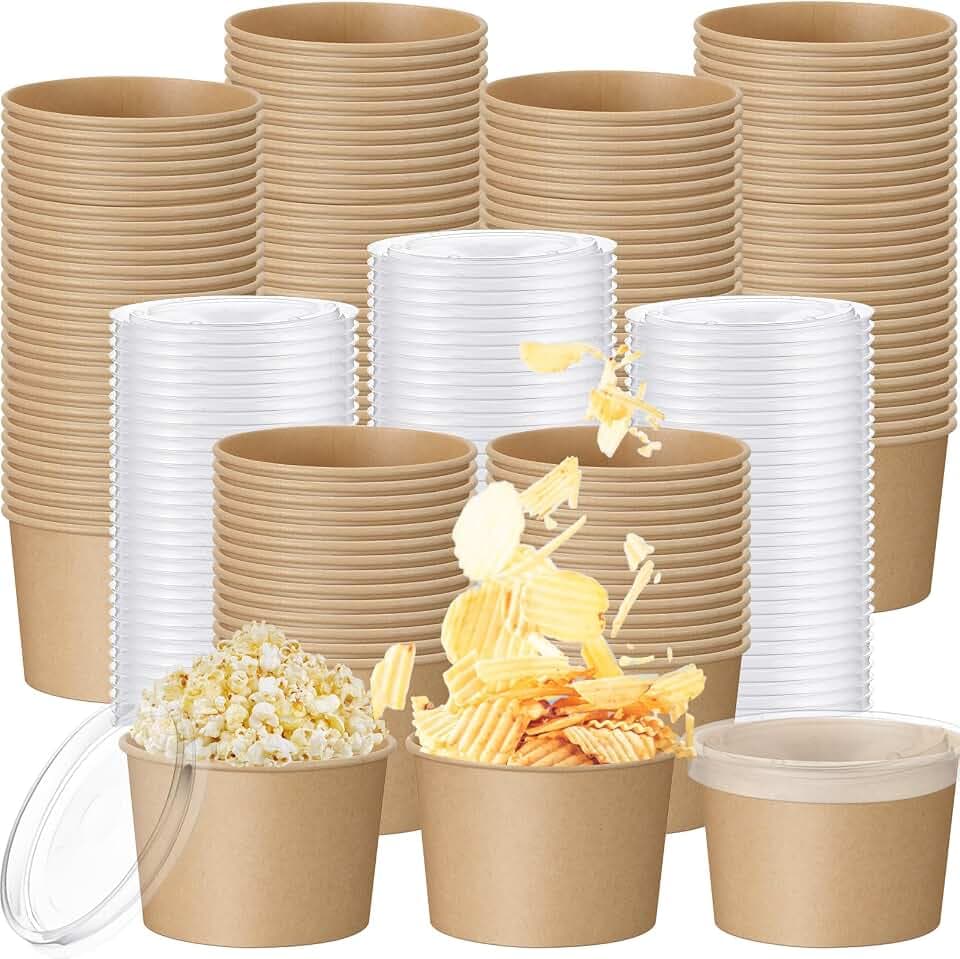 Yungyan 100 Pcs 8 oz Ice Cream Cups with Clear Flat Lids, Kraft