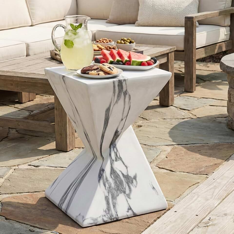 Merax 18.5" H Modern Outdoor Concrete Side Table, Patio End Table with Sculptural Fluted Design, Weather-Resistant Geometric Minimalism Accent Table for Garden, Balcony & Poolside, Marble