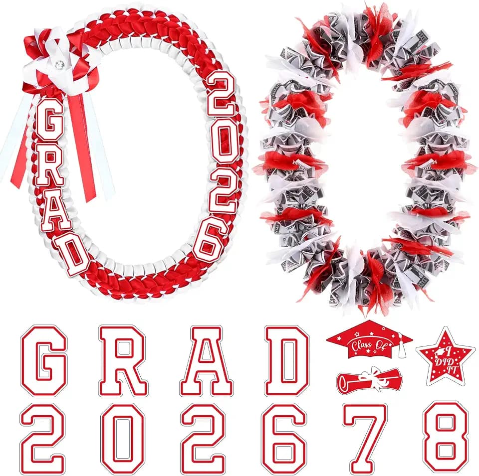 Sureio 2026 Graduation Leis Hawaiian Lei Graduation Money Ribbon Leis Double Braided Necklace Graduate Gift or Women Men