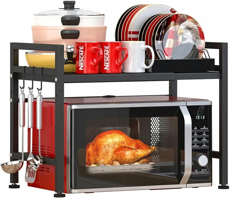 PUSDON Textured Black Microwave Oven Rack, Expandable 2-Tier Kitchen Countertop Organizer, Heavy Duty Carbon Steel Stand with 3 Hooks, Adjustable Height & Length