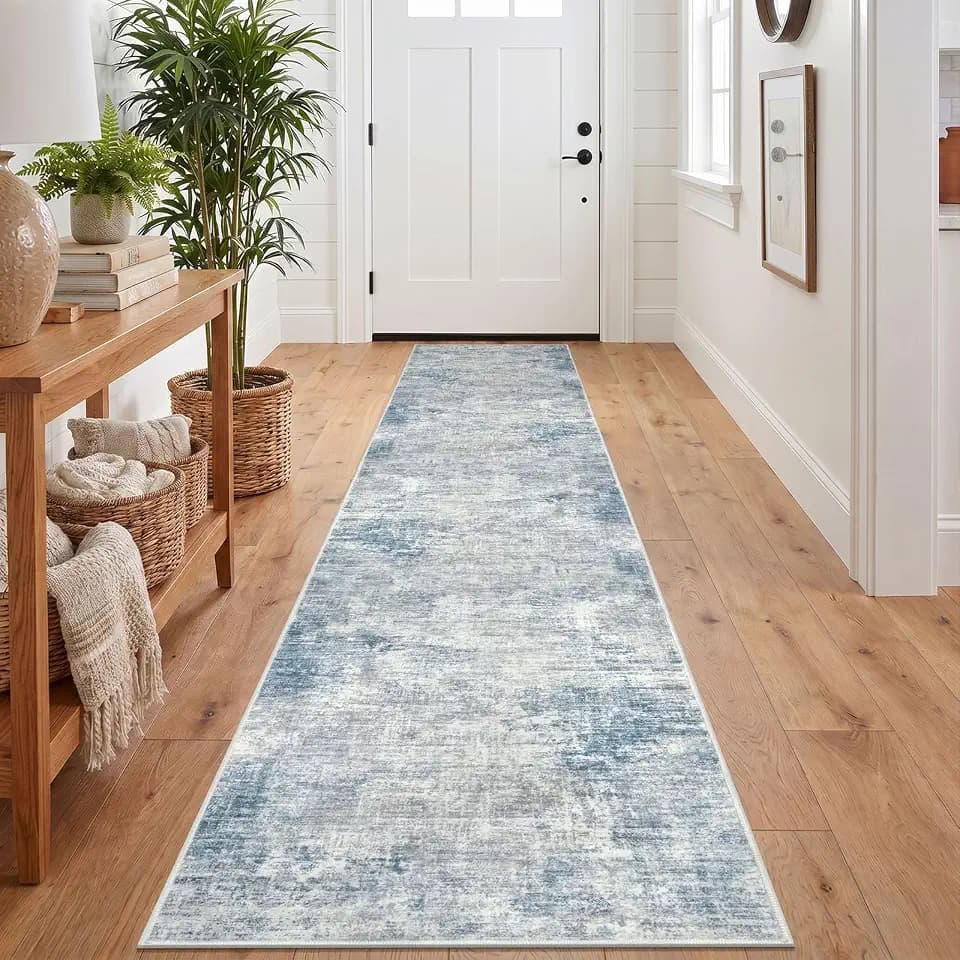 IOHOUZE Abstract Runner Rug 2x10 Ft Washable Runners for Hallways, Non Slip Kitchen Runner Printed Faux Wool Entryway Runner Indoor, Modern Abstract Floor Carpet for Hall Kitchen, Light Blue Grey