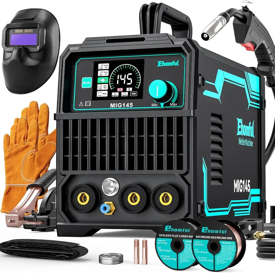 145A 4-in-1 MIG Welder,110V/220V Dual Voltage Gas MIG/Flux Core MIG/Lift TIG/Stick Multiprocess MIG Welding Machine,Portable IGBT Inverter with Synergic Control & Auto Darkening Helmet,Gloves